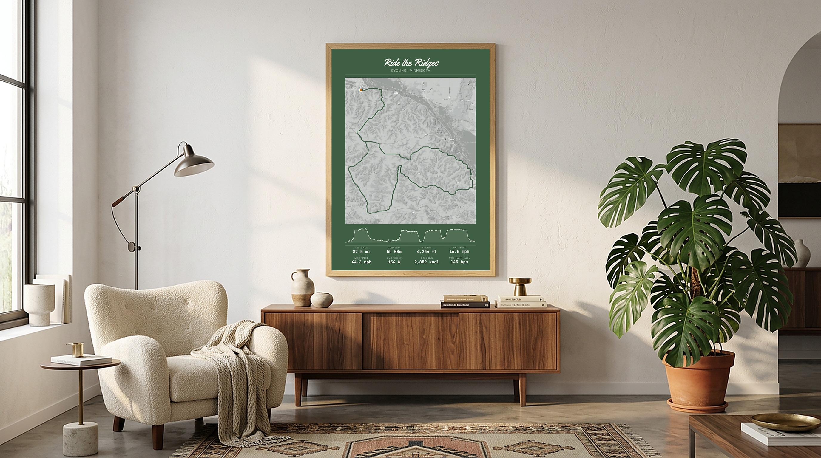 Large framed Ride the Ridges custom GPS route poster above a walnut sideboard in a mid-century living room
