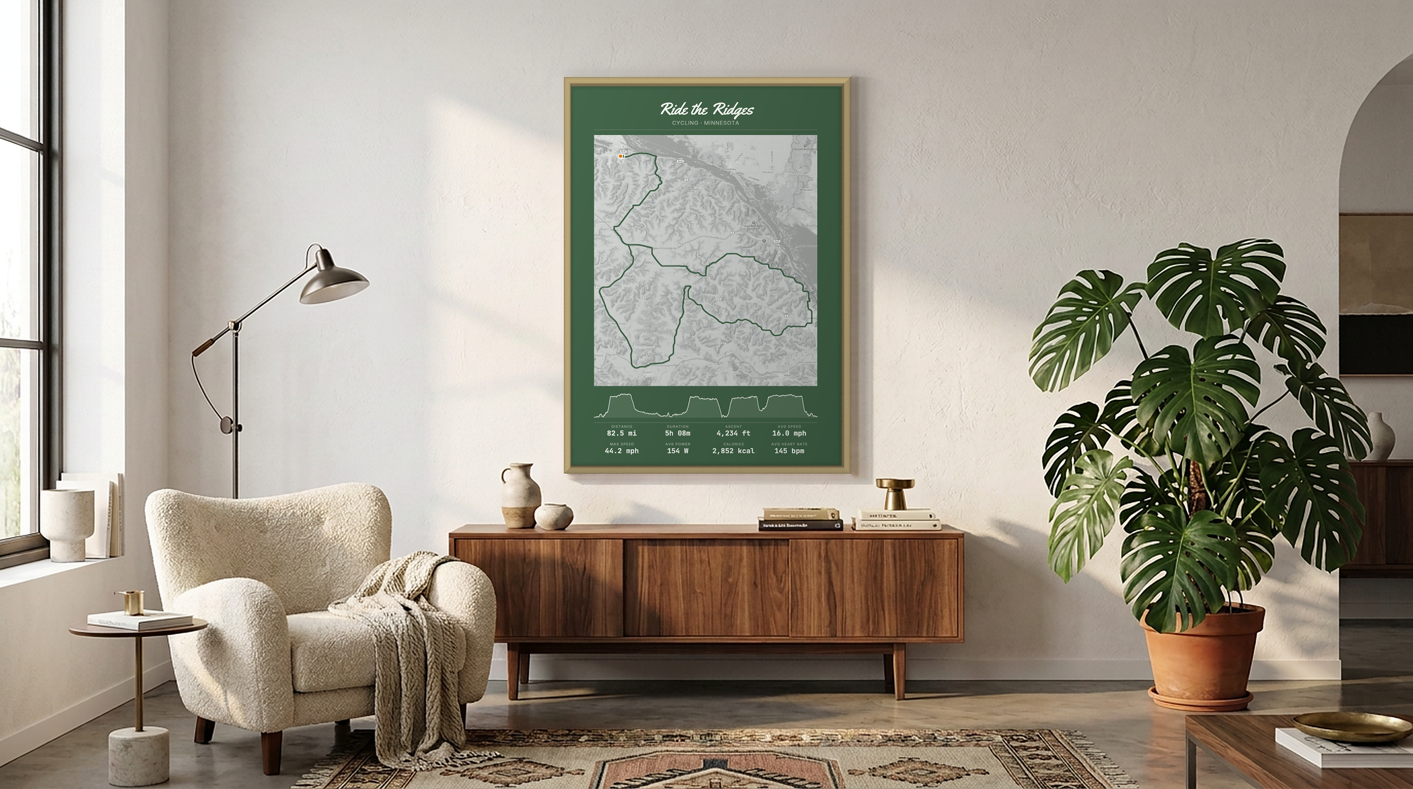Large framed Ride the Ridges custom GPS route poster above a walnut sideboard in a mid-century living room